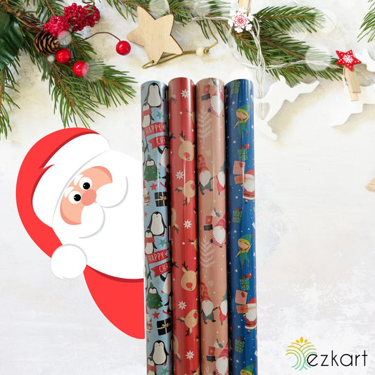 Christmas Wrapping Paper Roll Size - 69cm x 7M - Pack of 4