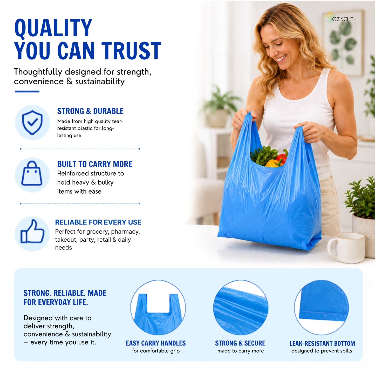 Heavy Duty Large Blue Plastic Carrier Bags with Handles for Multi-Purpose Uses Size -11 x 17 x 21 inch