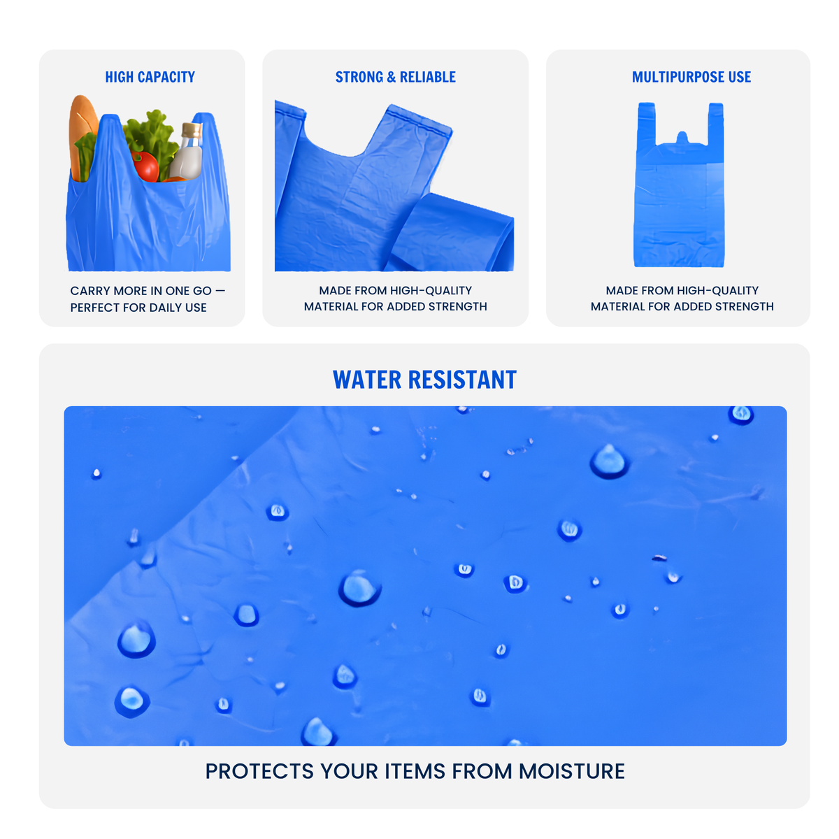 Heavy Duty Large Blue Plastic Carrier Bags with Handles for Multi-Purpose Uses Size -11 x 17 x 21 inch